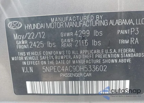 2013 Hyundai Sonata Se из США, поврежденный, VIN 5NPEC4AC9DH533602